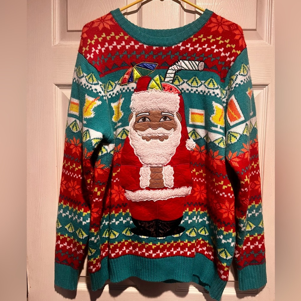 Tropical Santa Ugly Holiday Sweater with Drink Pouch